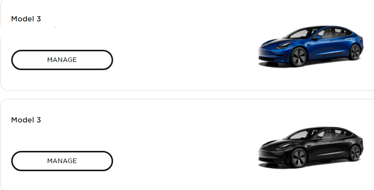 Tesla Account page showing our 2 Tesla Model 3's