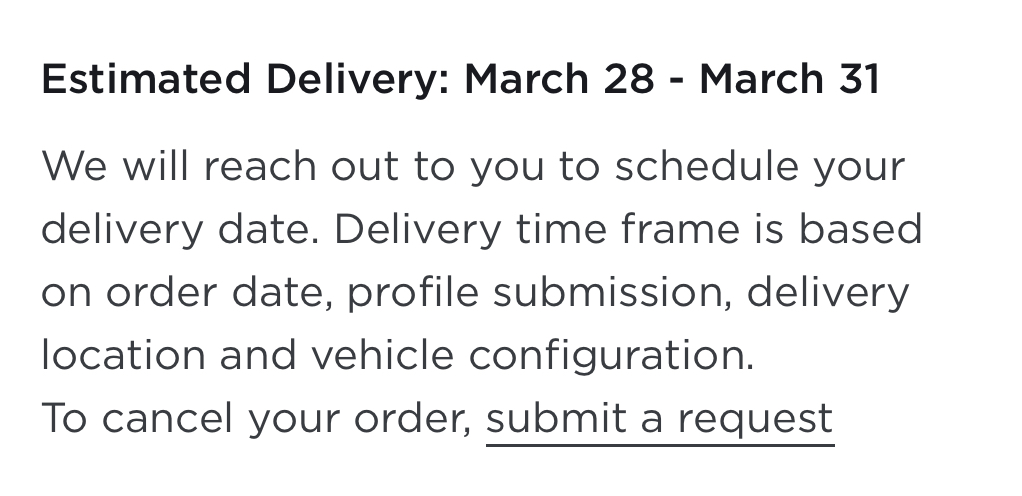 Sample of a Tesla Delivery Estimate showing March 28-March 31